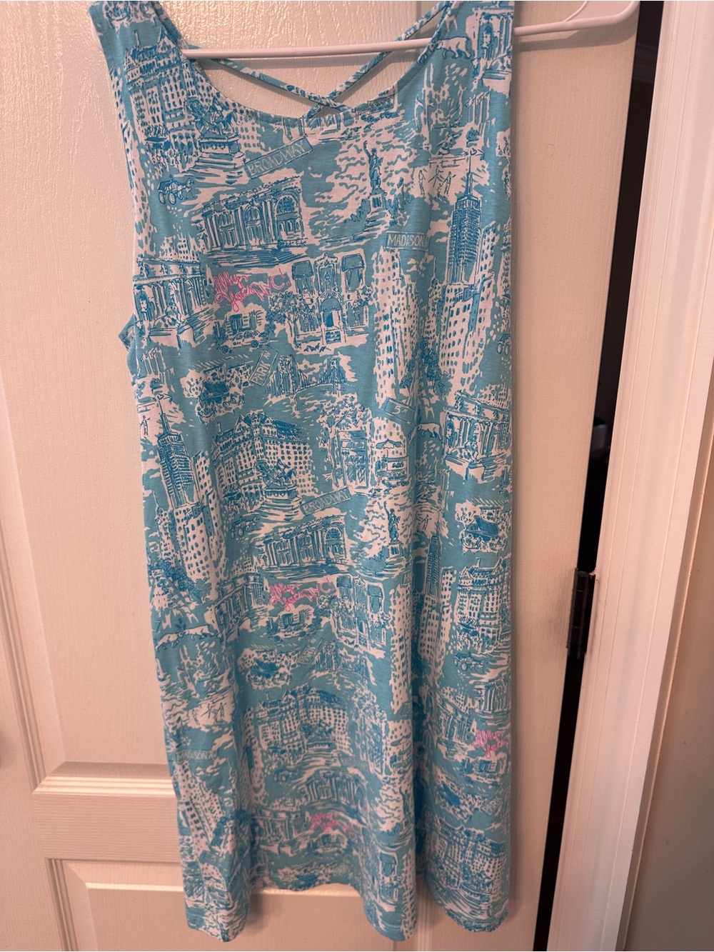 Lilly Pulitzer New York City themed Kristen swing dress Aqua with Pink Accents